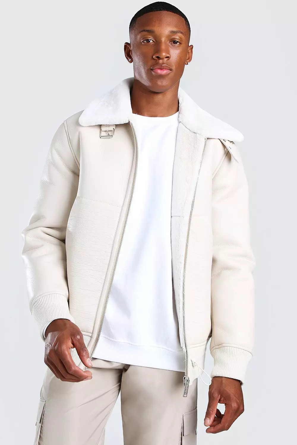 Bomber style aviateur à col en synthétique, Crème autre image