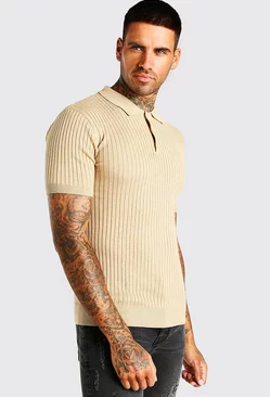 Short Sleeve Muscle Fit Ribbed Knit Polo Camel