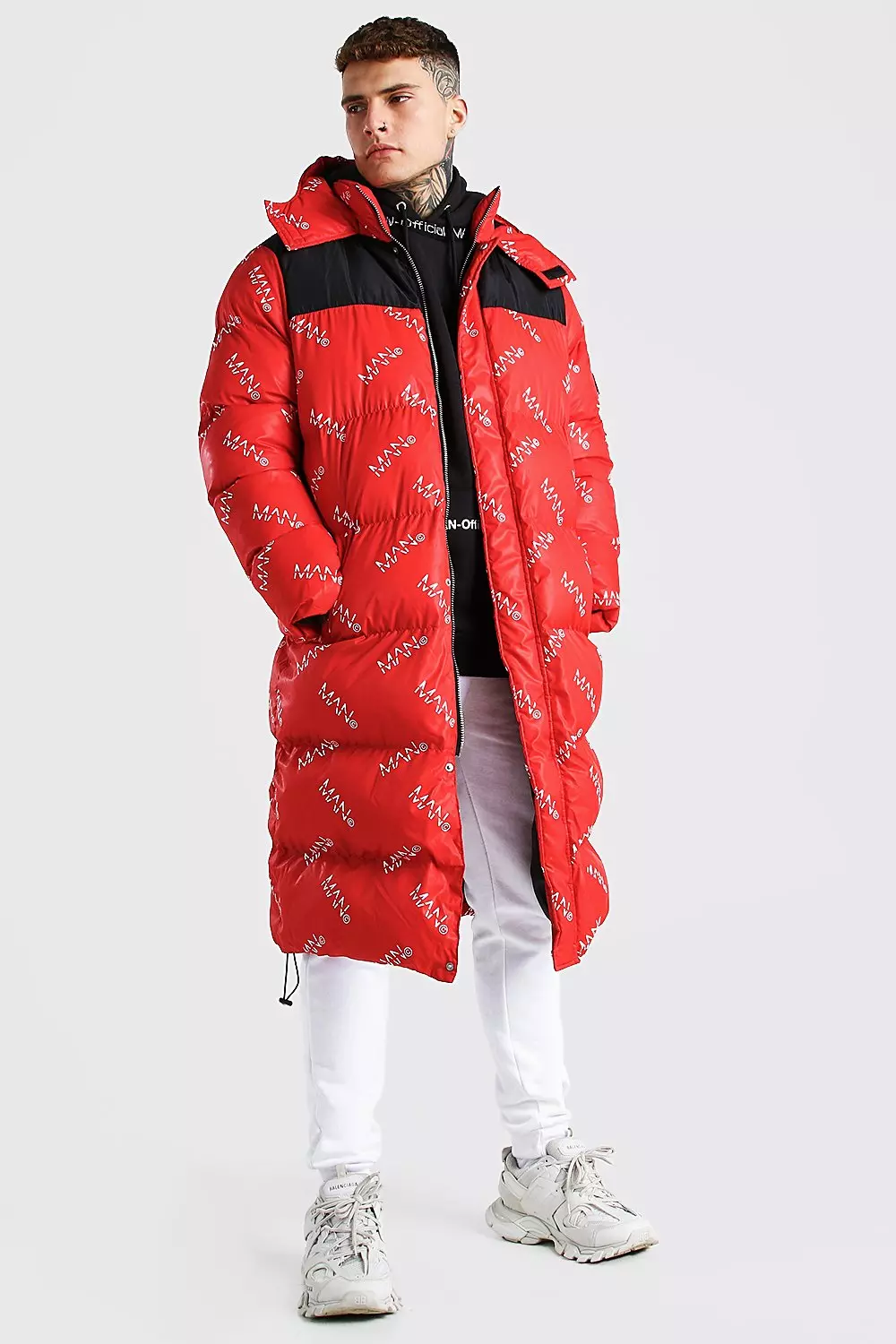 Man Branded All Over Longline Puffer boohooMAN USA