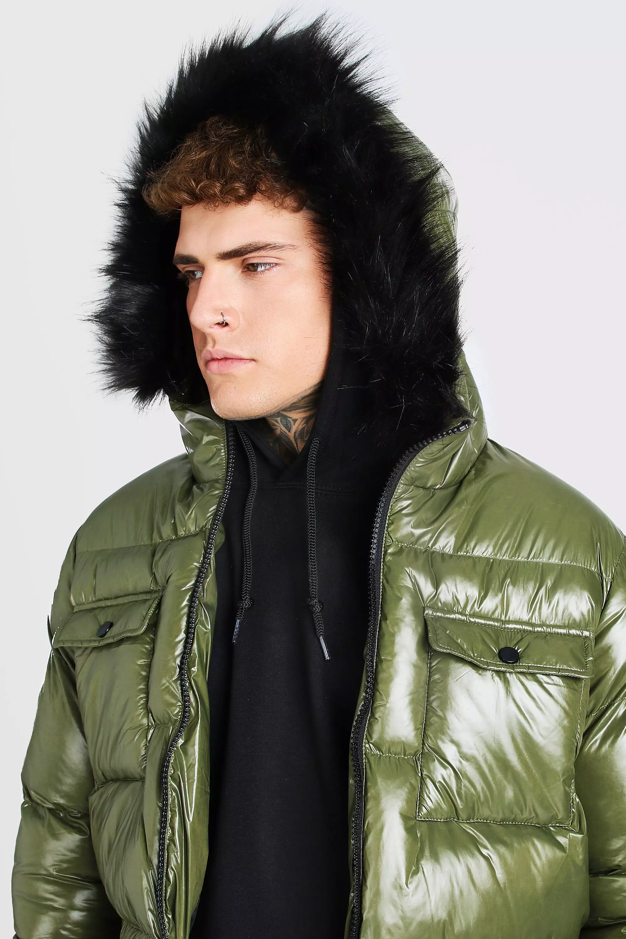 Boohooman parka with faux fur in khaki shop