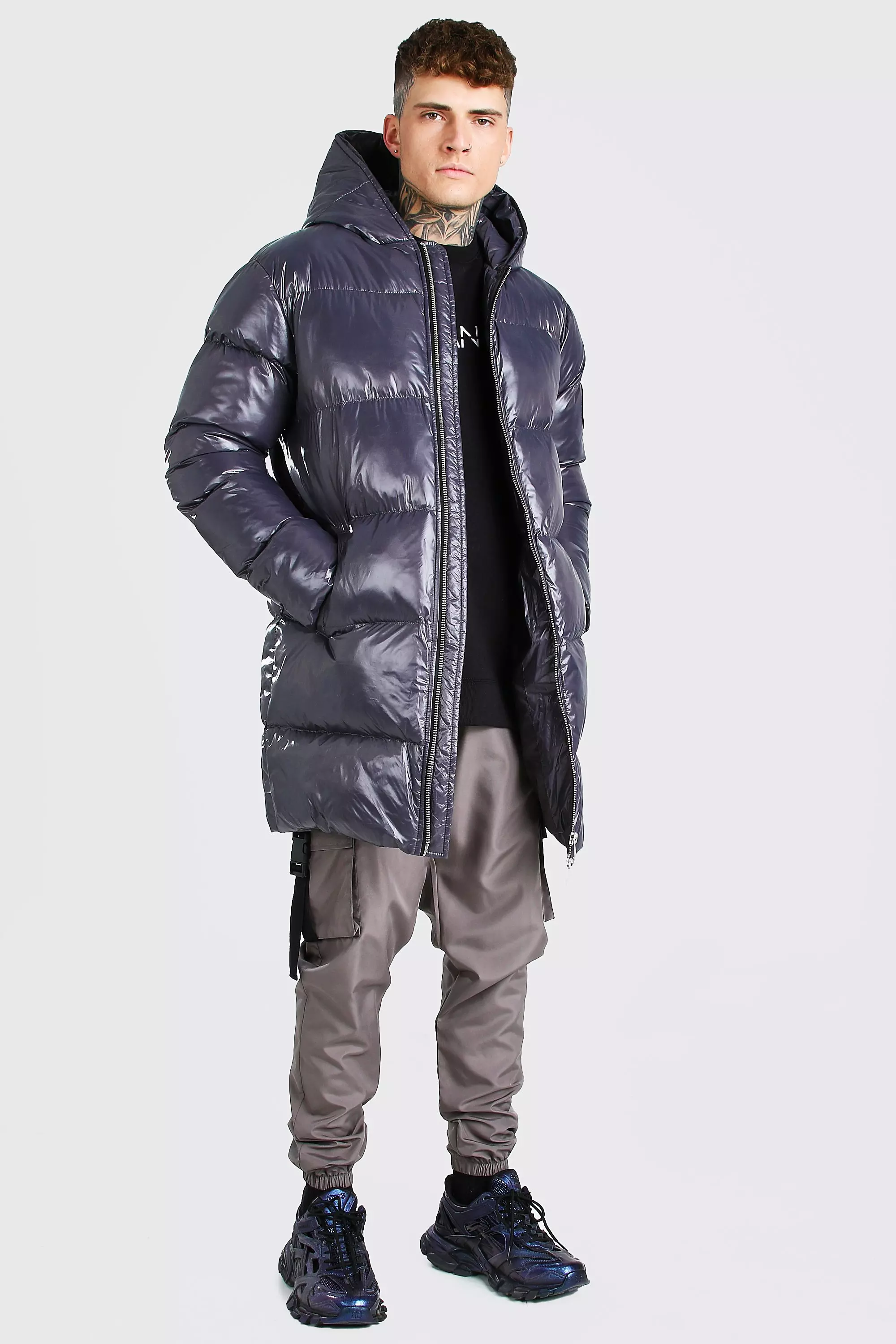 High Shine Longline Puffer Jacket boohooMAN USA