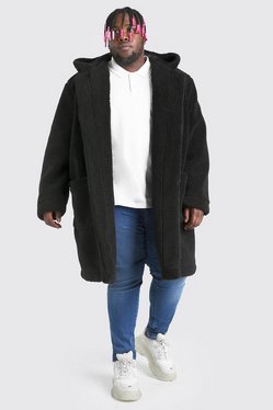 Plus Size Borg Hooded Duffle Coat | BoohooMAN