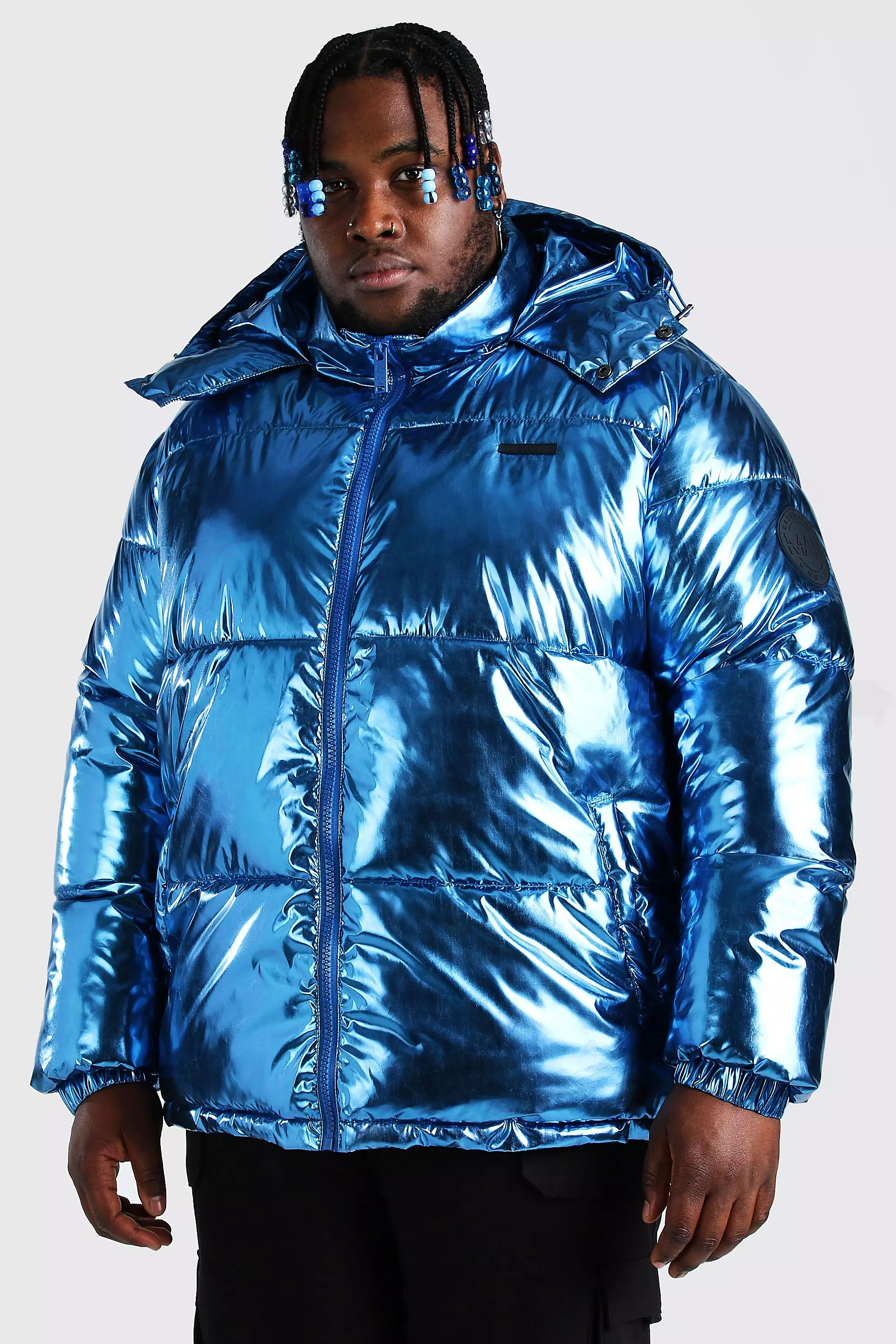 Plus Size Metallic Funnel Hooded Puffer Jacket boohooMAN