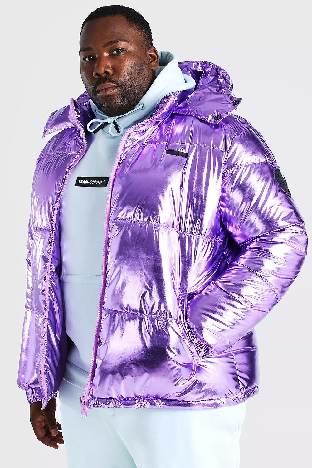 Plus Size Metallic Funnel Hooded Puffer boohooMAN