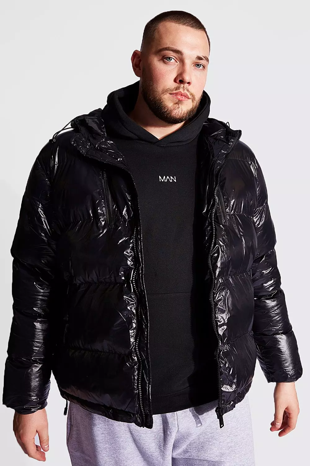 Plus Size High Shine Wet Look Puffer Jacket boohooMAN UK