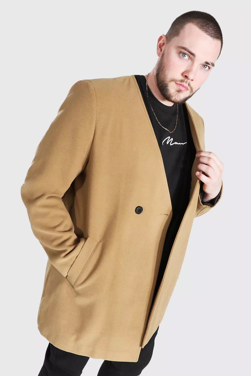 Camel Beige Plus Size Smart Collarless 2 Button Overcoat