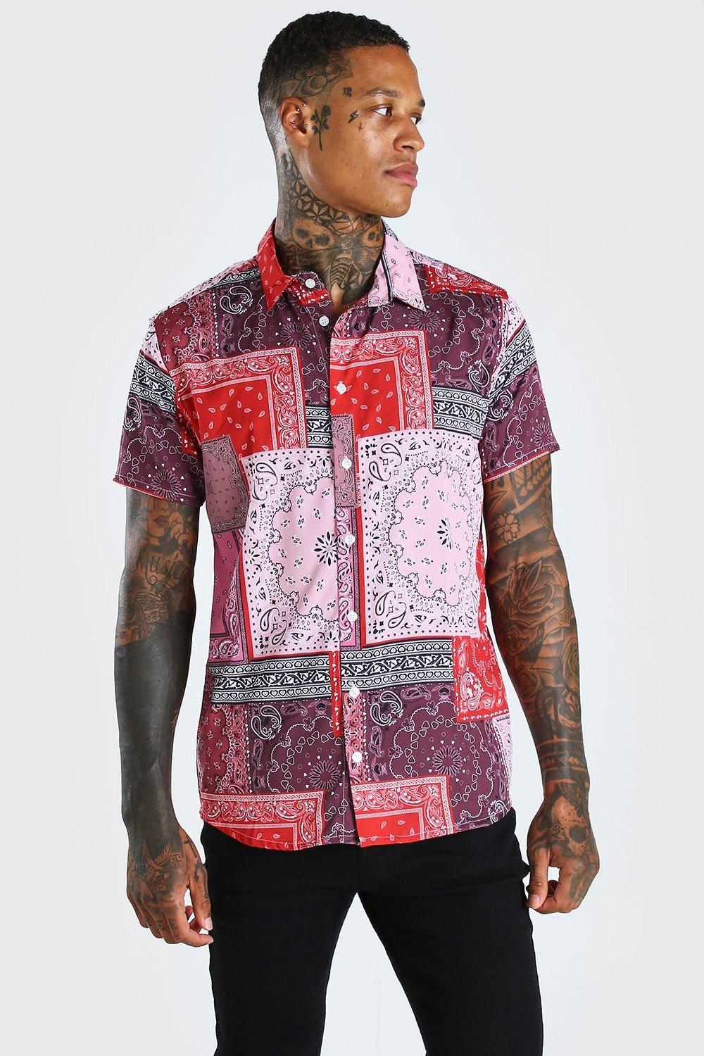 UO Patchwork Bandana Short Sleeve Button-Down Shirt