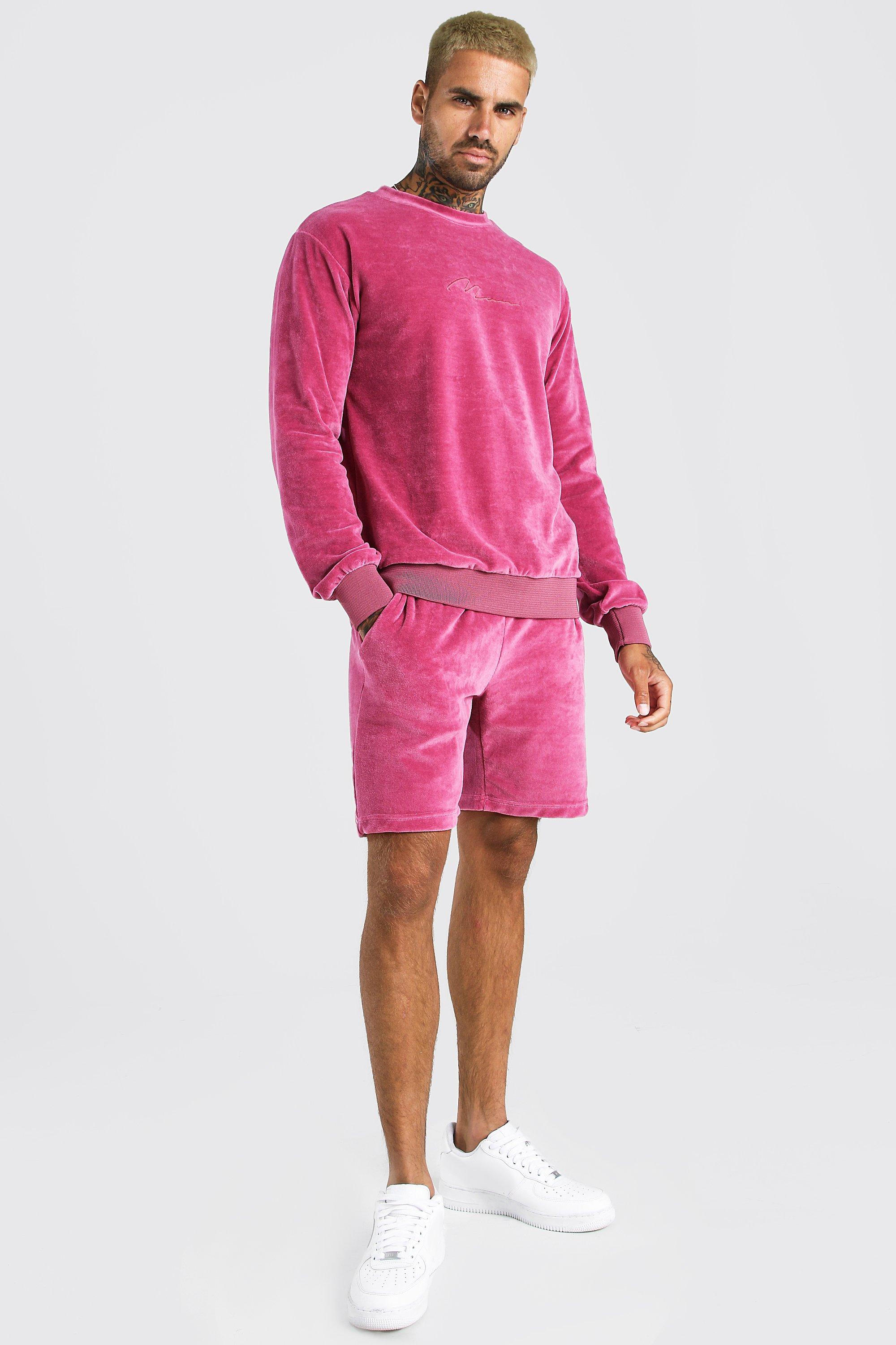 BoohooMAN Man Official Velour Tracksuit With Side Tape in Pink for