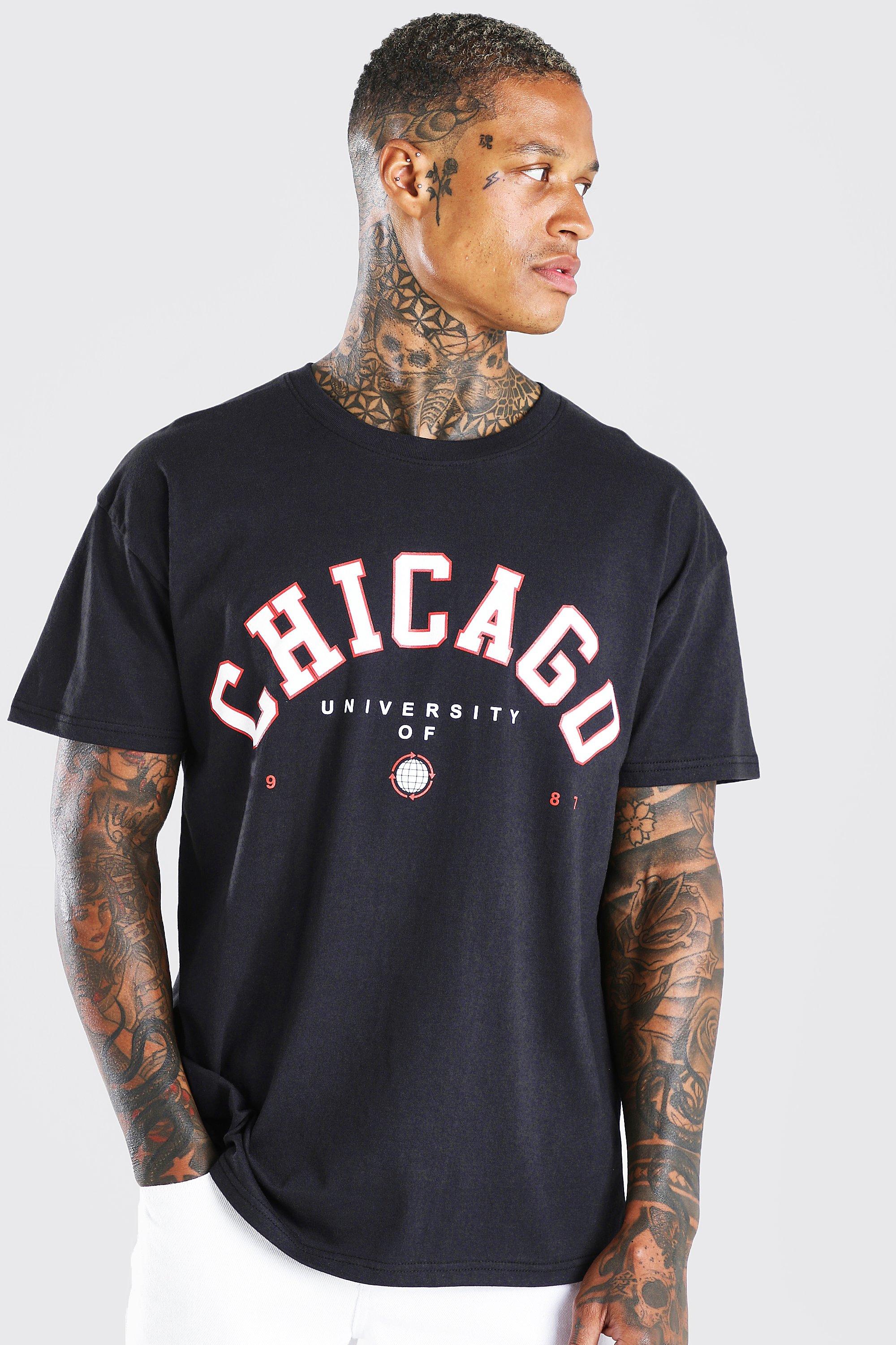 Buy Bokaro Cotton Blend Men's Oversized Fit Chicago Printed T-Shirt (S,  Black) at