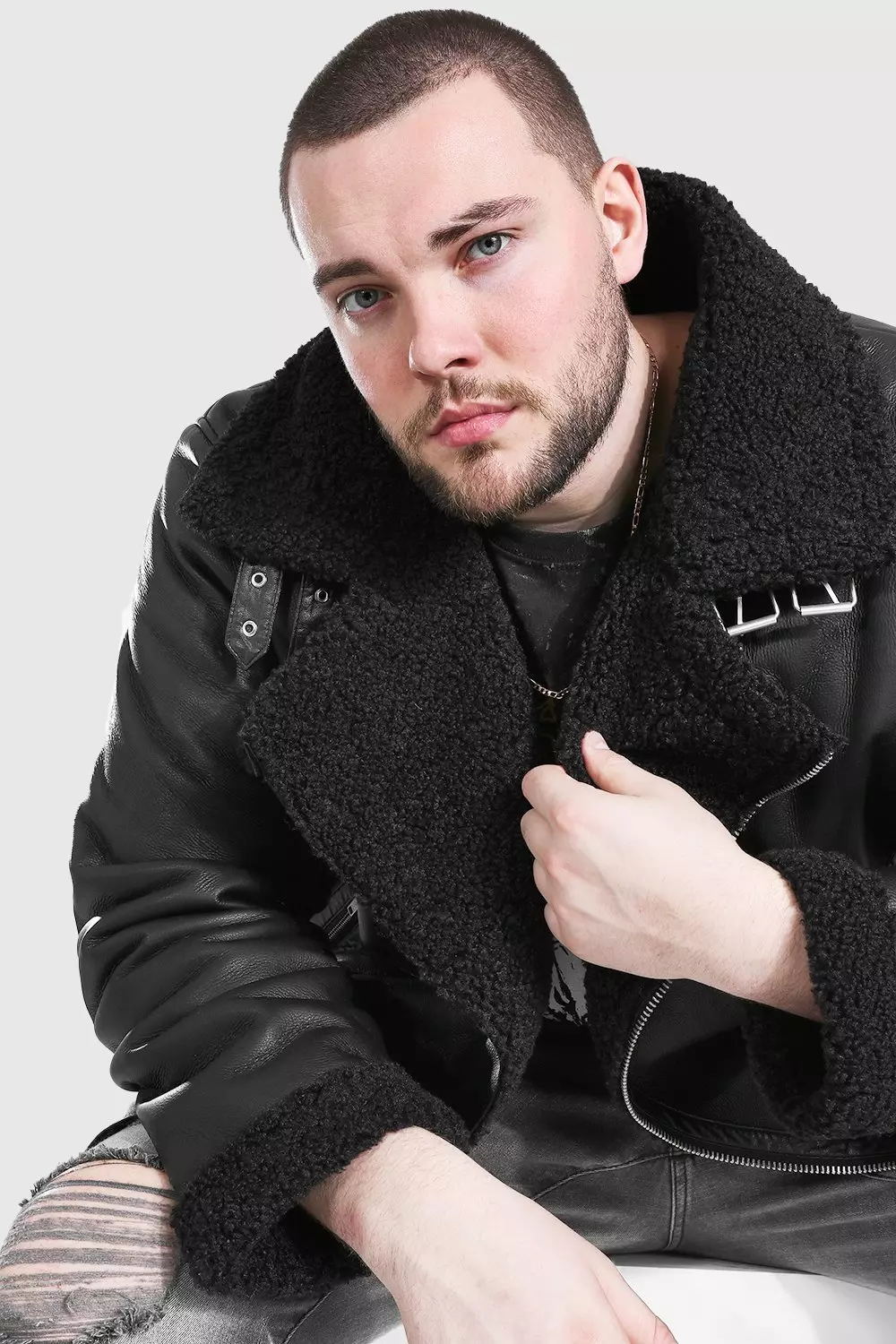 Plus Size Leather Look Borg Collar Aviator Jacket boohooMAN IE