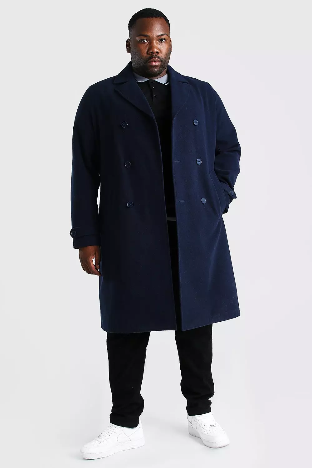 Boohooman double breasted wool overcoat with faux fur trim in black deals