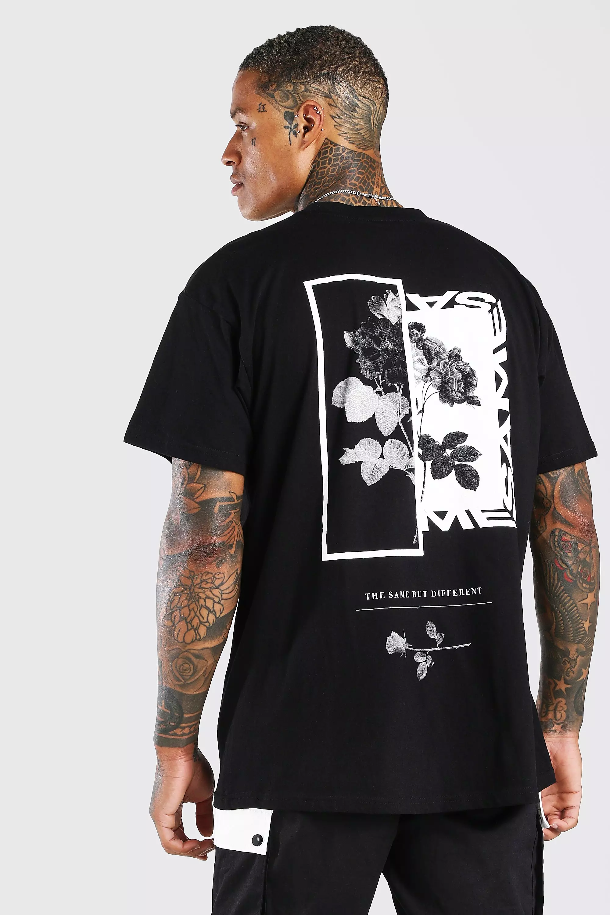 Oversized Floral Photo Back Print T-Shirt Black