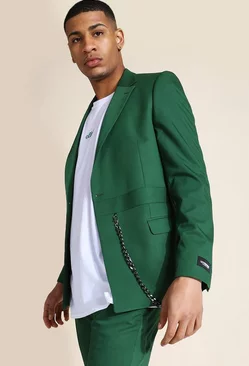 Skinny Double Breasted Chain Suit Jacket Dark green