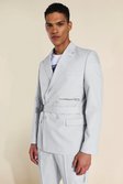 Grey Slim Belted Double Breasted Suit Jacket