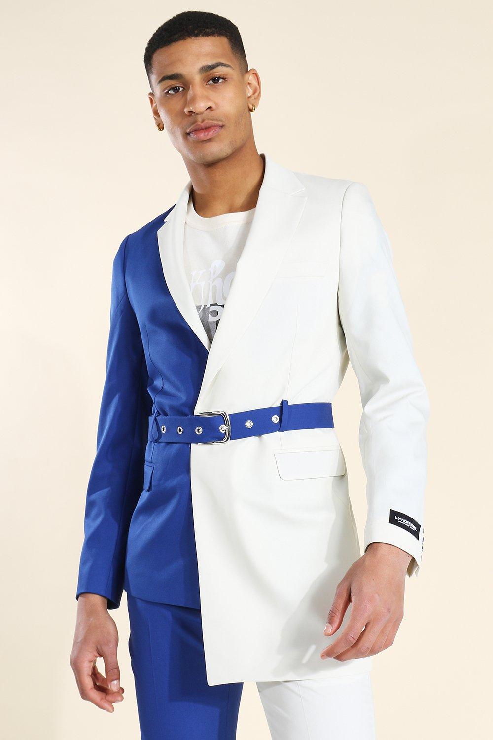 Skinny Colour Block Belt Suit Jacket, Navy