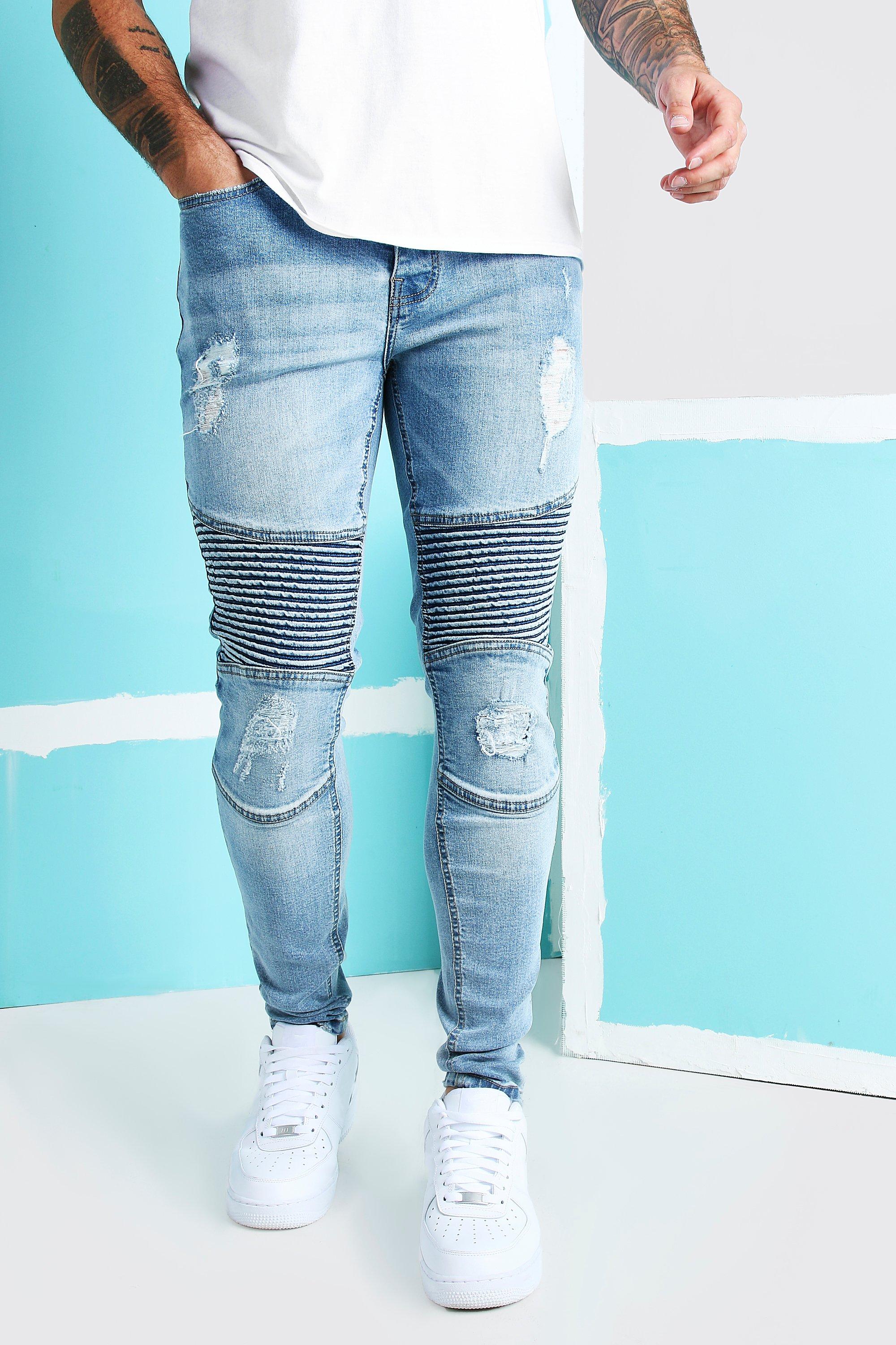 Super Skinny Biker Jeans With Rips Boohooman Uk