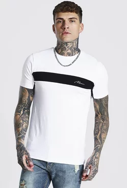 White Muscle Fit Man Signature Colour Block T-shirt