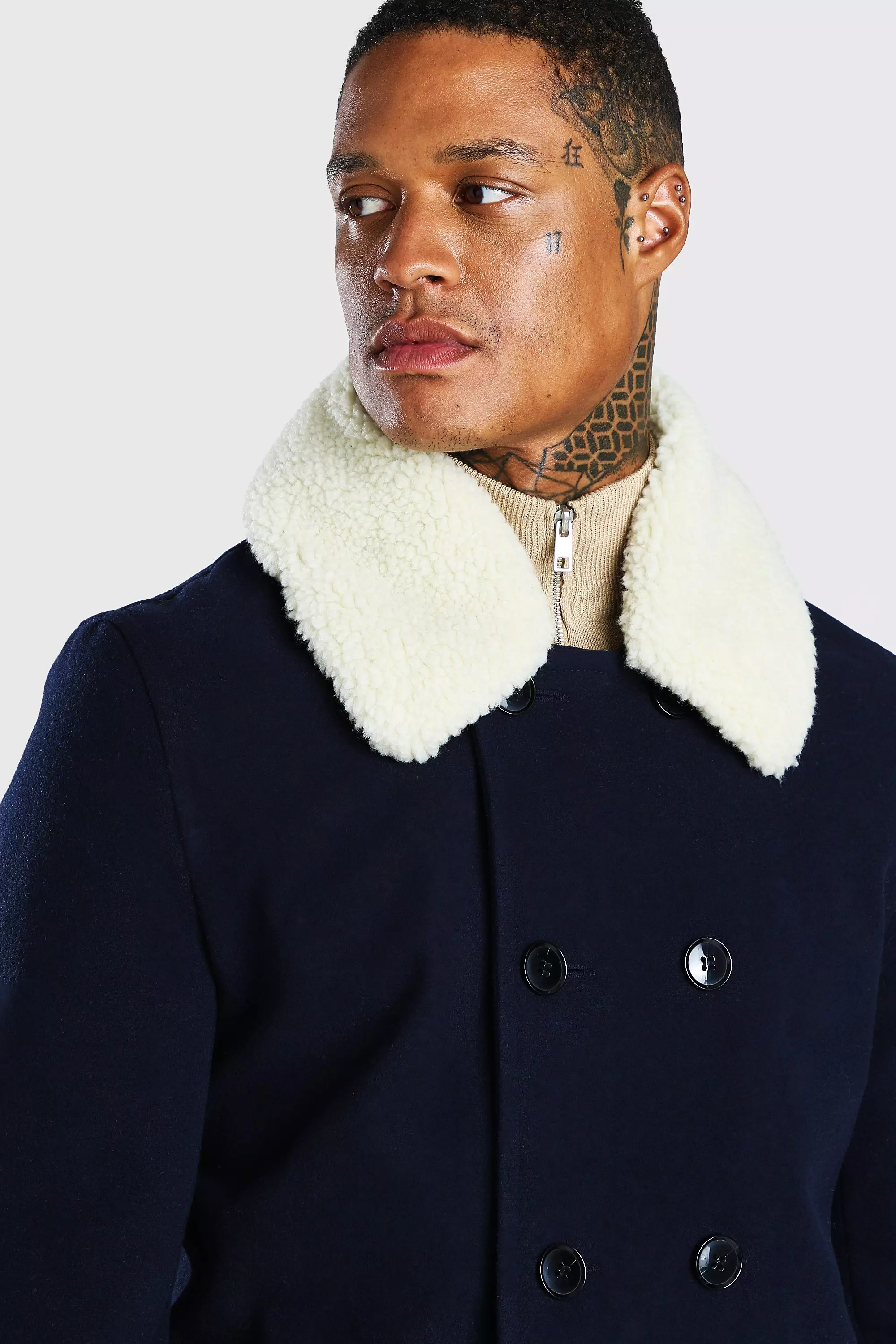 Borg collar wool blend pea coat outlet