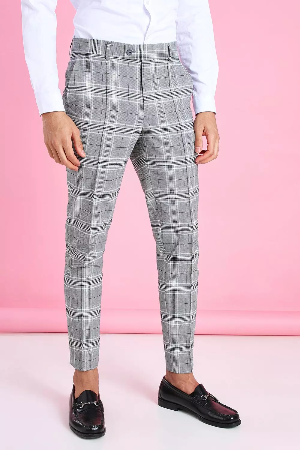 Skinny Tapered Smart Plaid Pants with Pintuck Black