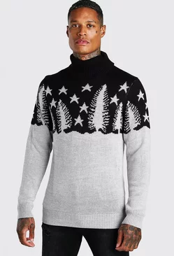 Black Muscle Fit Forest Roll Neck Christmas Sweater