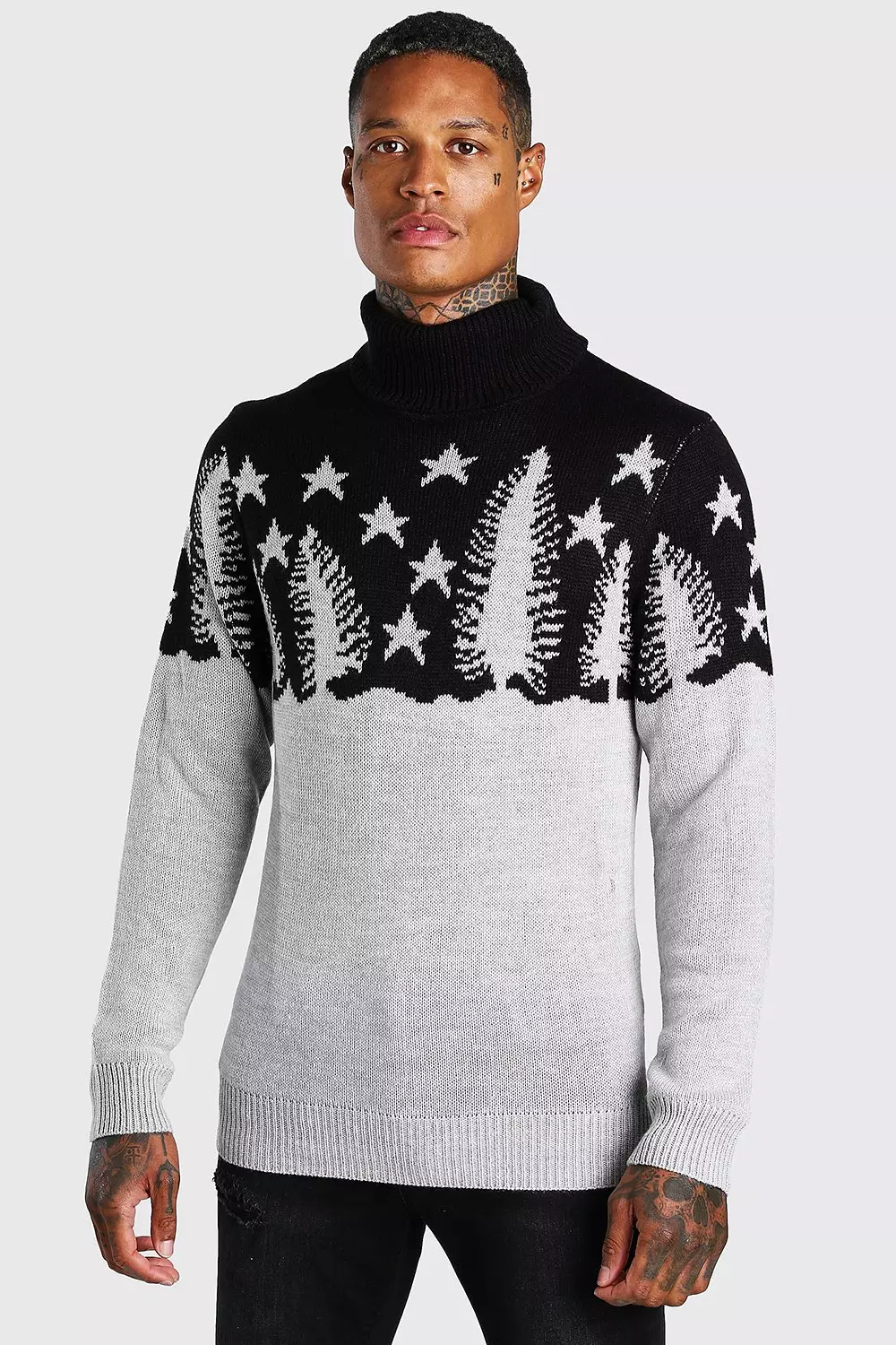 Black Muscle Fit Forest Roll Neck Christmas Sweater