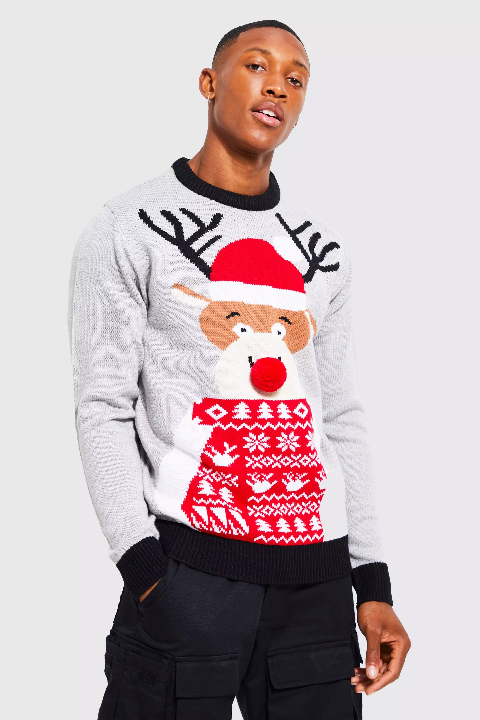 Grey marl Reindeer Santa Hat Christmas Jumper alternative image