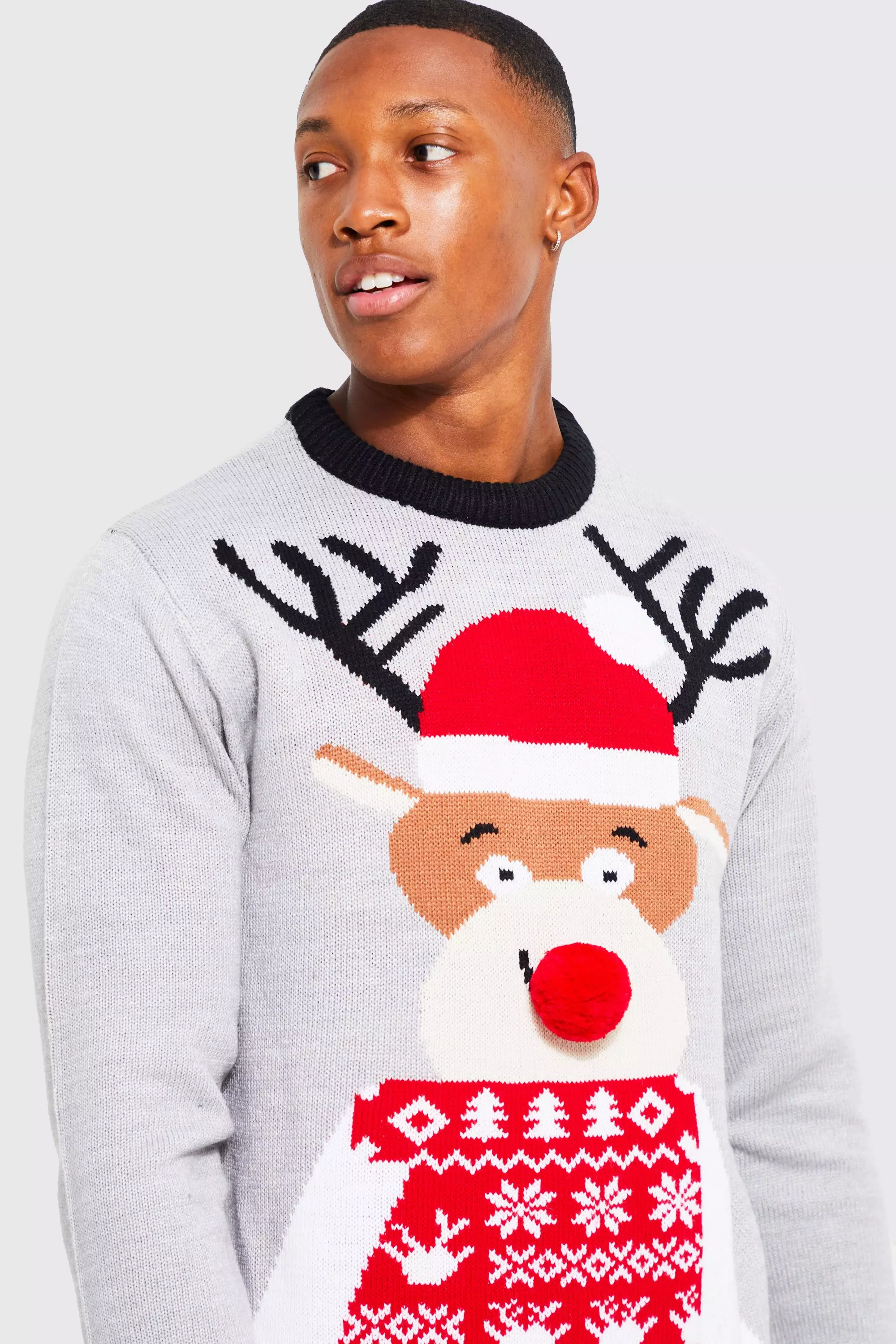 Grey marl Reindeer Santa Hat Christmas Jumper alternative image