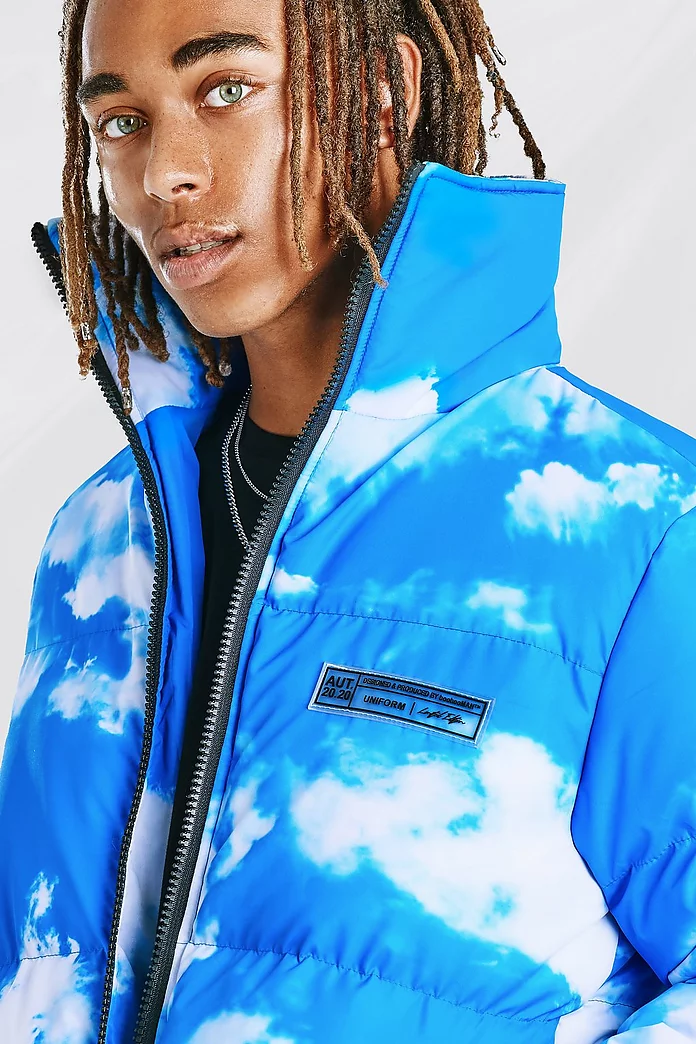 Cloud Print Puffer Jacket | boohooMAN USA Cloud Print Puffer Jacket | boohooMAN USA