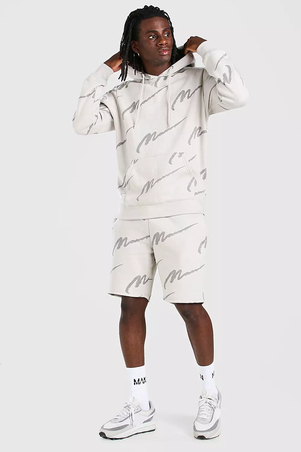 All Over MAN Printed Hooded Short Tracksuit boohooMAN UK