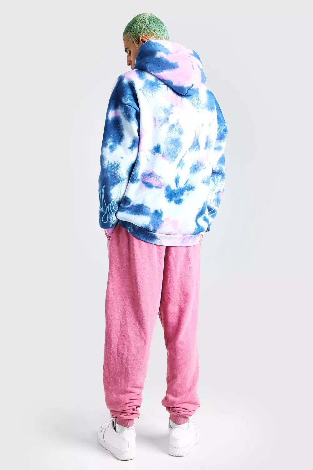 Oversized Tie Dye Graffiti Flame Print Hoodie boohooMAN USA