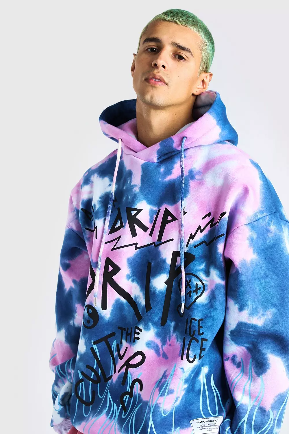 Oversized official flame print tie dye hoodi sale
