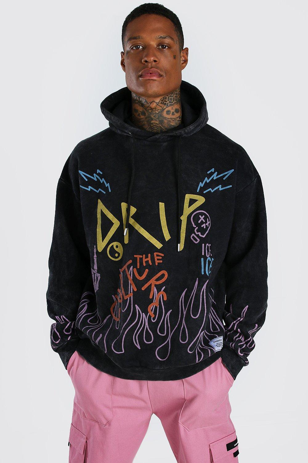 Oversized Graffiti Flame Print Hoodie boohooMAN USA