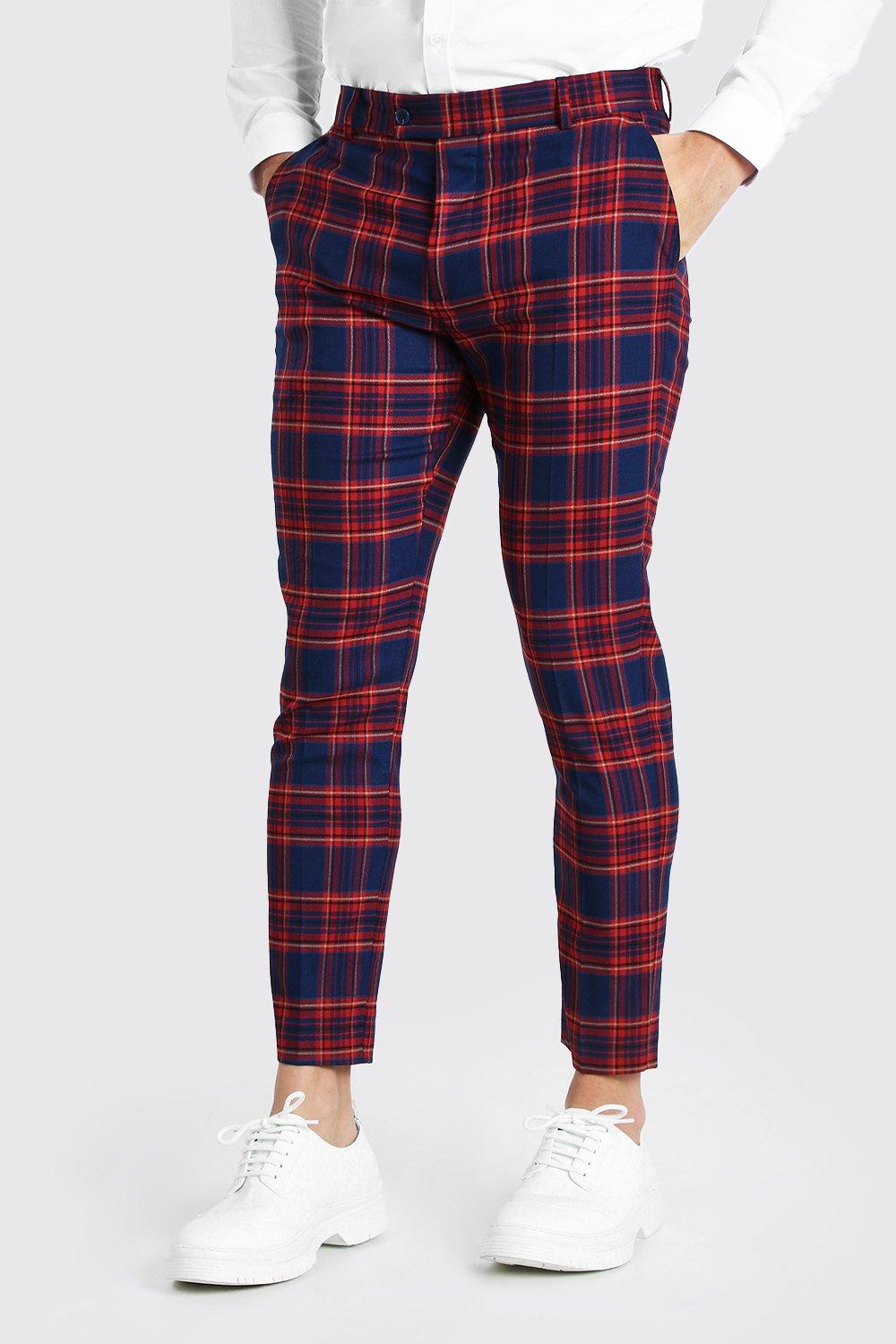 Men's Skinny Red Plaid Cropped Smart Pants