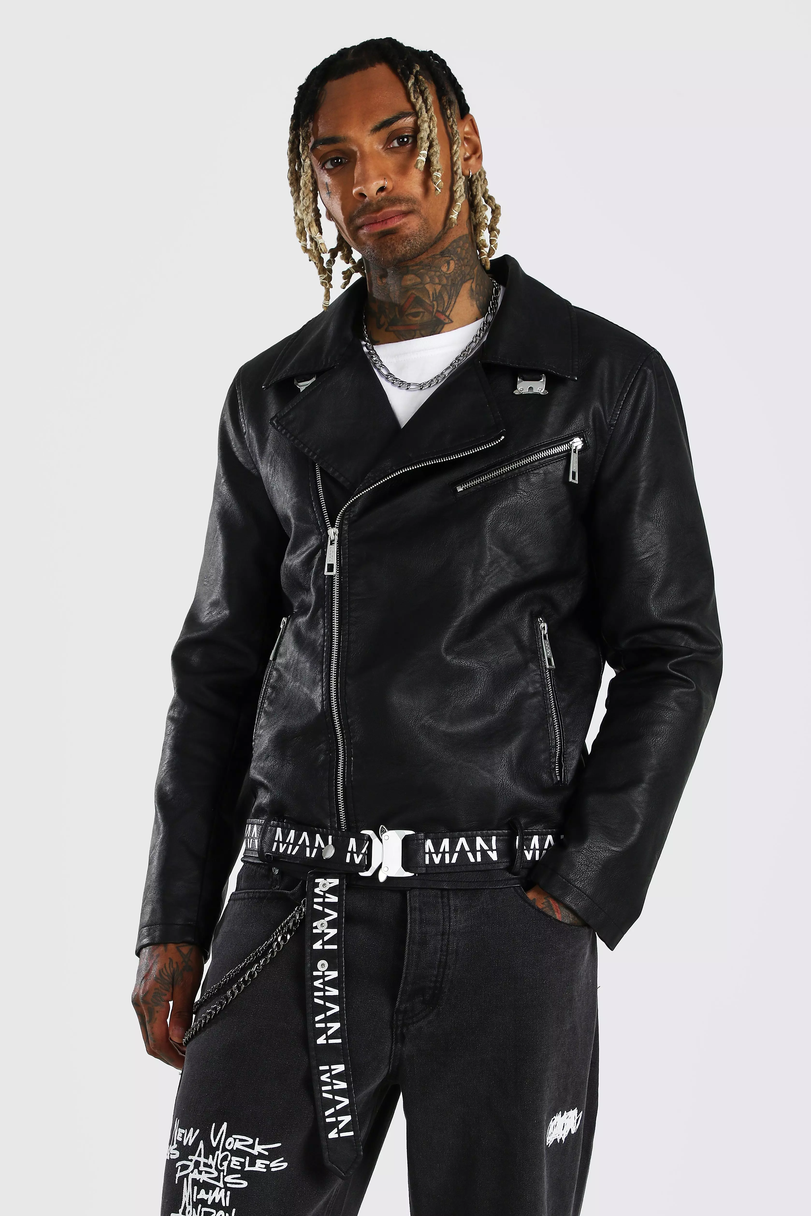 Black Leather Look Man Branded Belt Biker Jacket alternative image