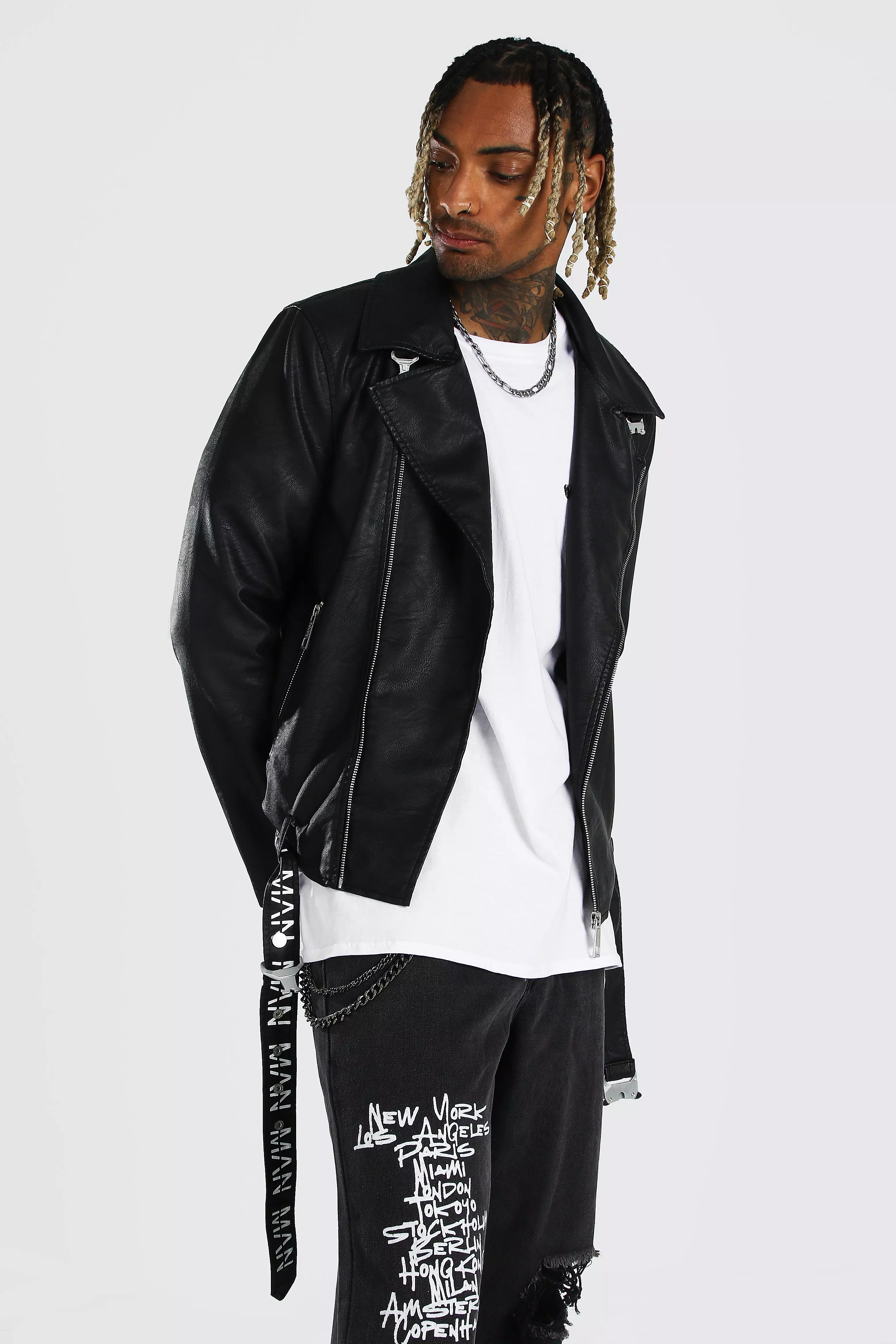 Black Leather Look Man Branded Belt Biker Jacket alternative image