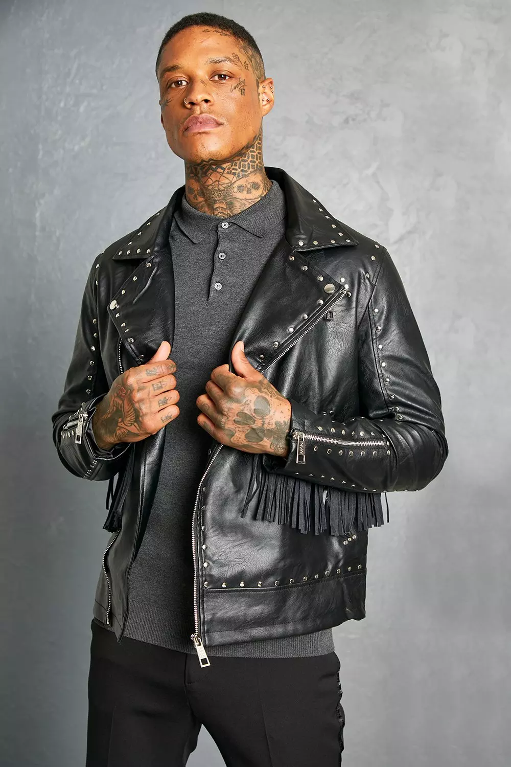 Faux Leather Studded Fringe Moto Jacket boohooMAN USA