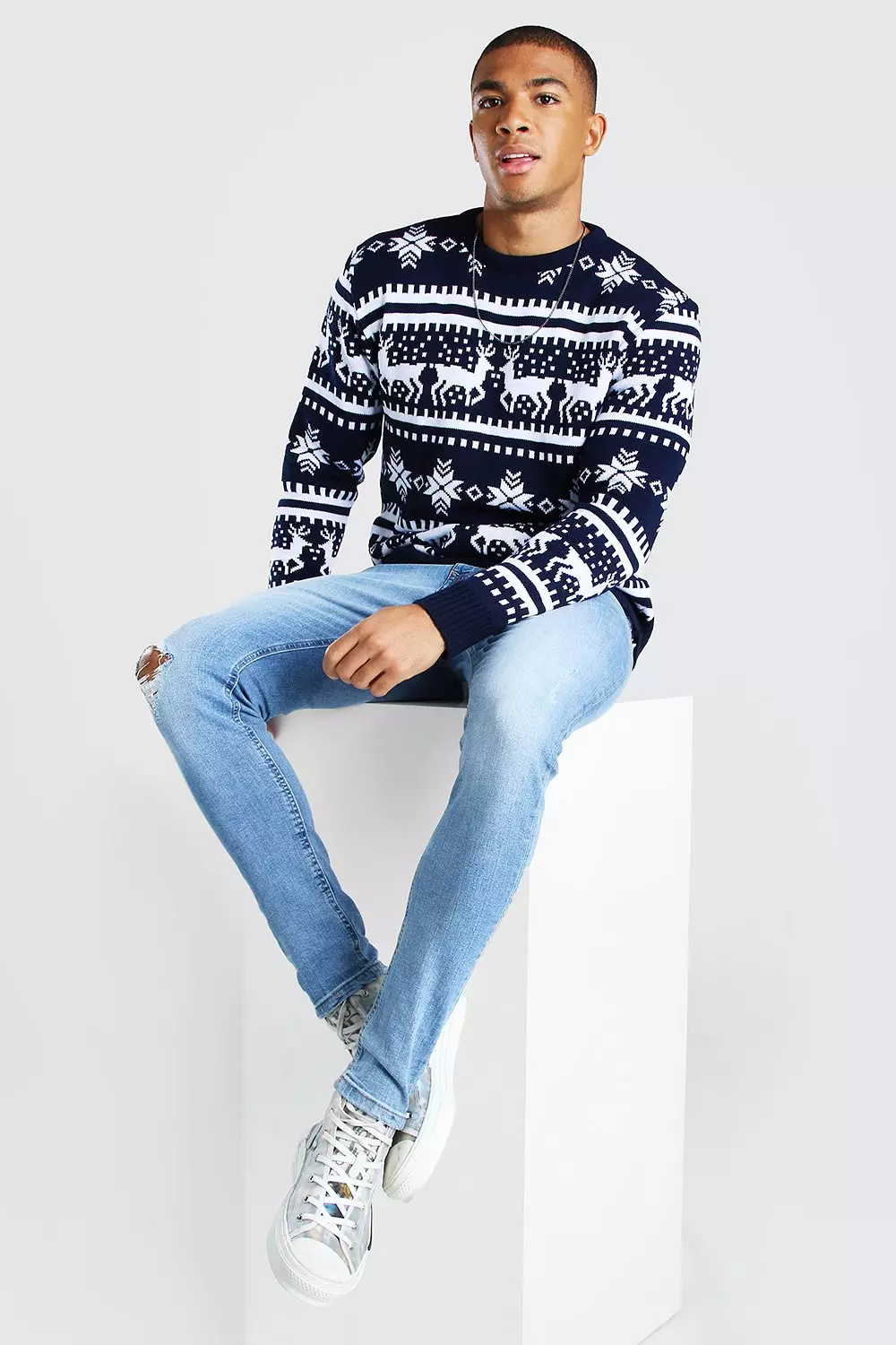 Navy Reindeer Fair Isle Christmas Jumper alternative image