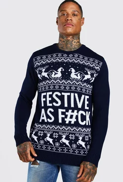 Festive Slogan Knitted Christmas Sweater Navy