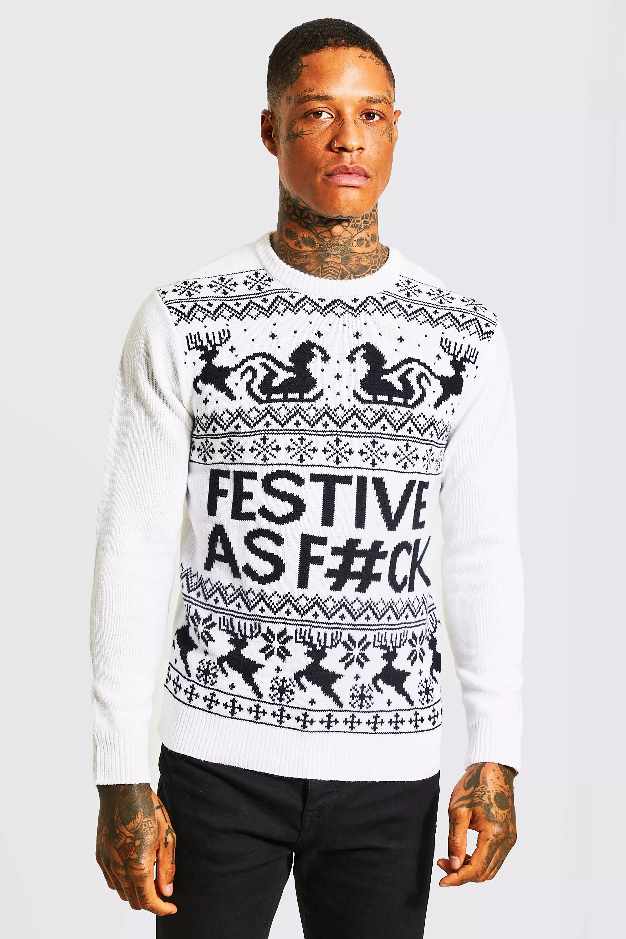 White Festive Slogan Knitted Christmas Sweater