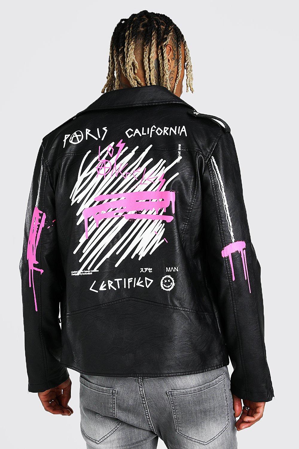 Black Faux Leather Graffiti Print Biker Jacket | boohooMAN USA