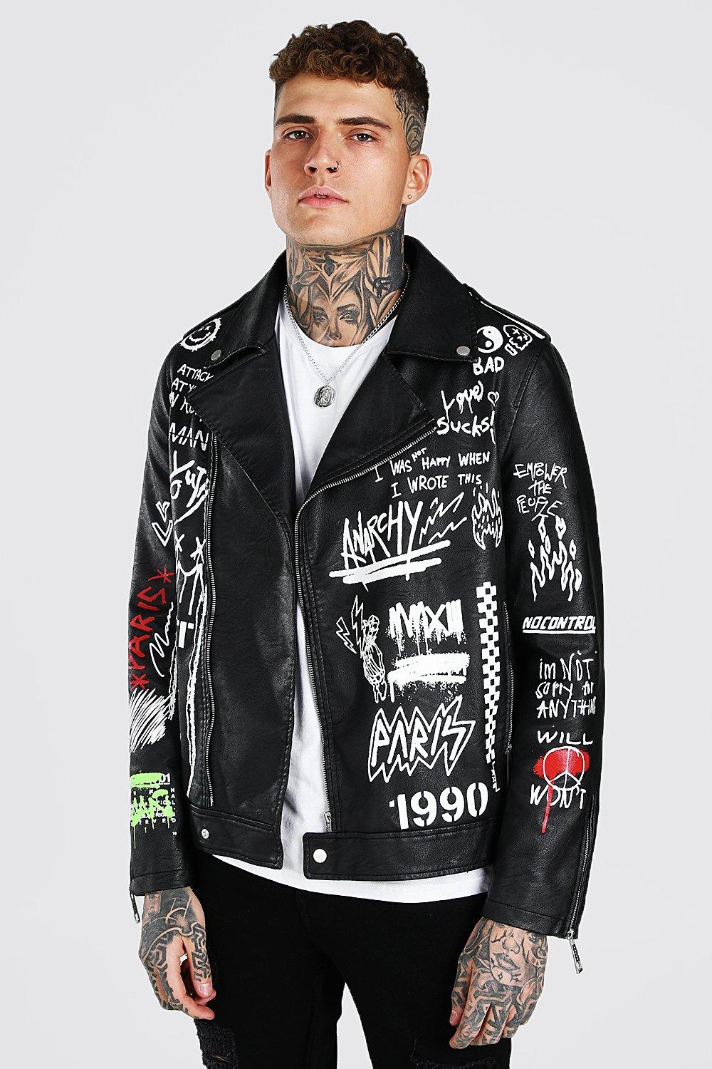 Black Faux Leather Graffiti Print Moto Jacket