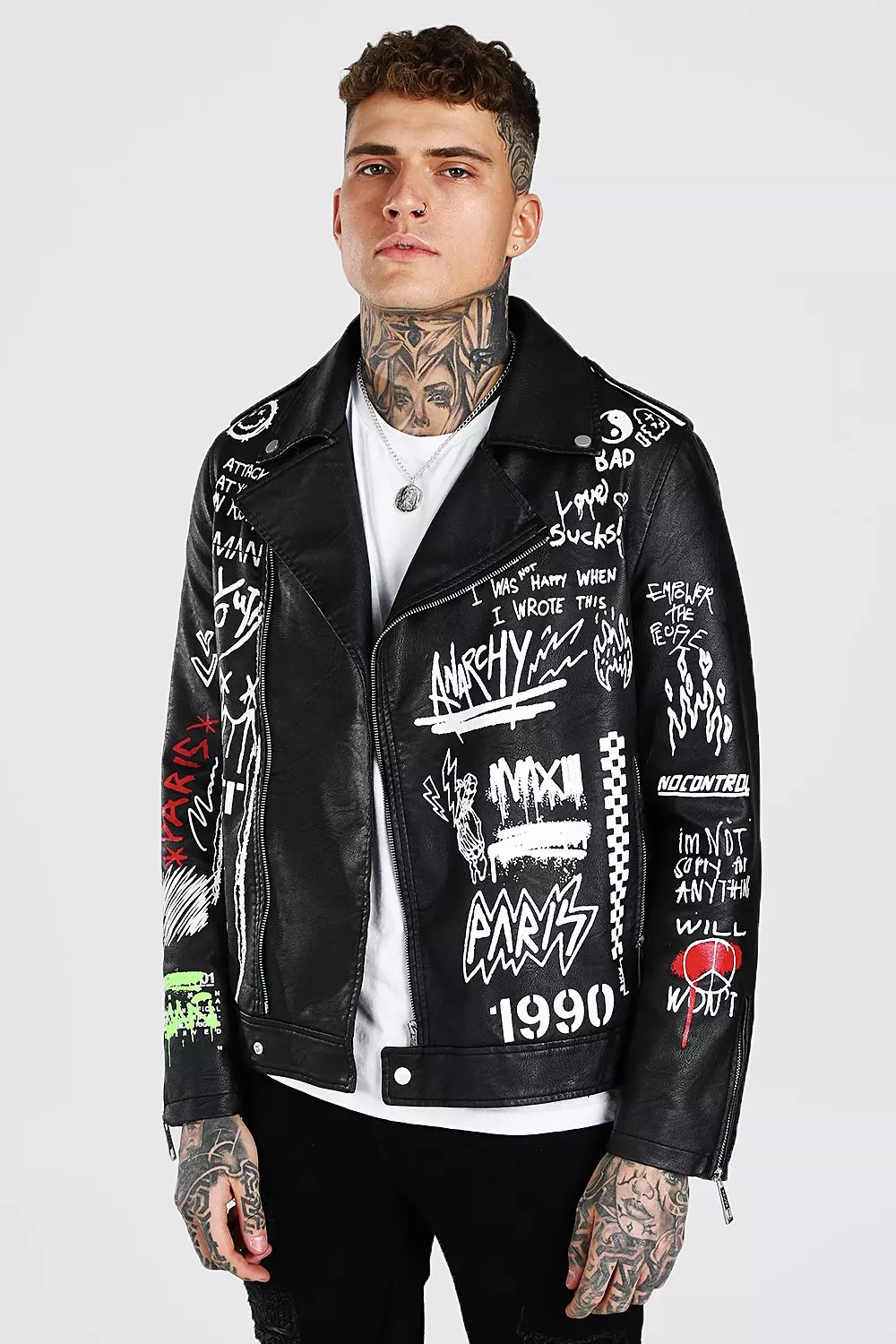 All Over Graffiti Moto Jacket | boohooMAN USA