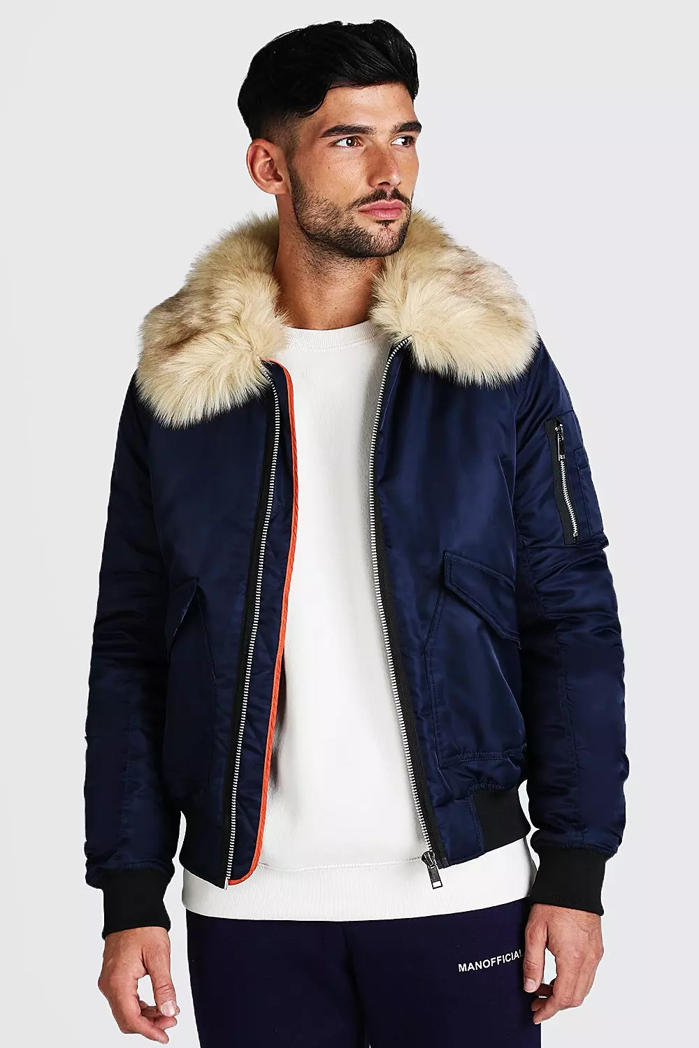 Blue bomber jacket with fur collar best sale