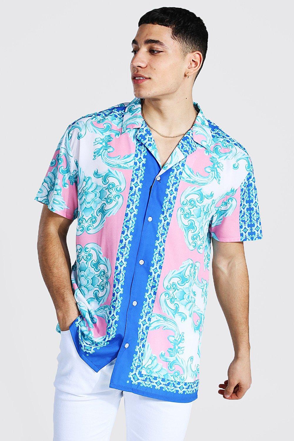 Oversized Short Sleeve Baroque Border Shirt | boohooMAN USA