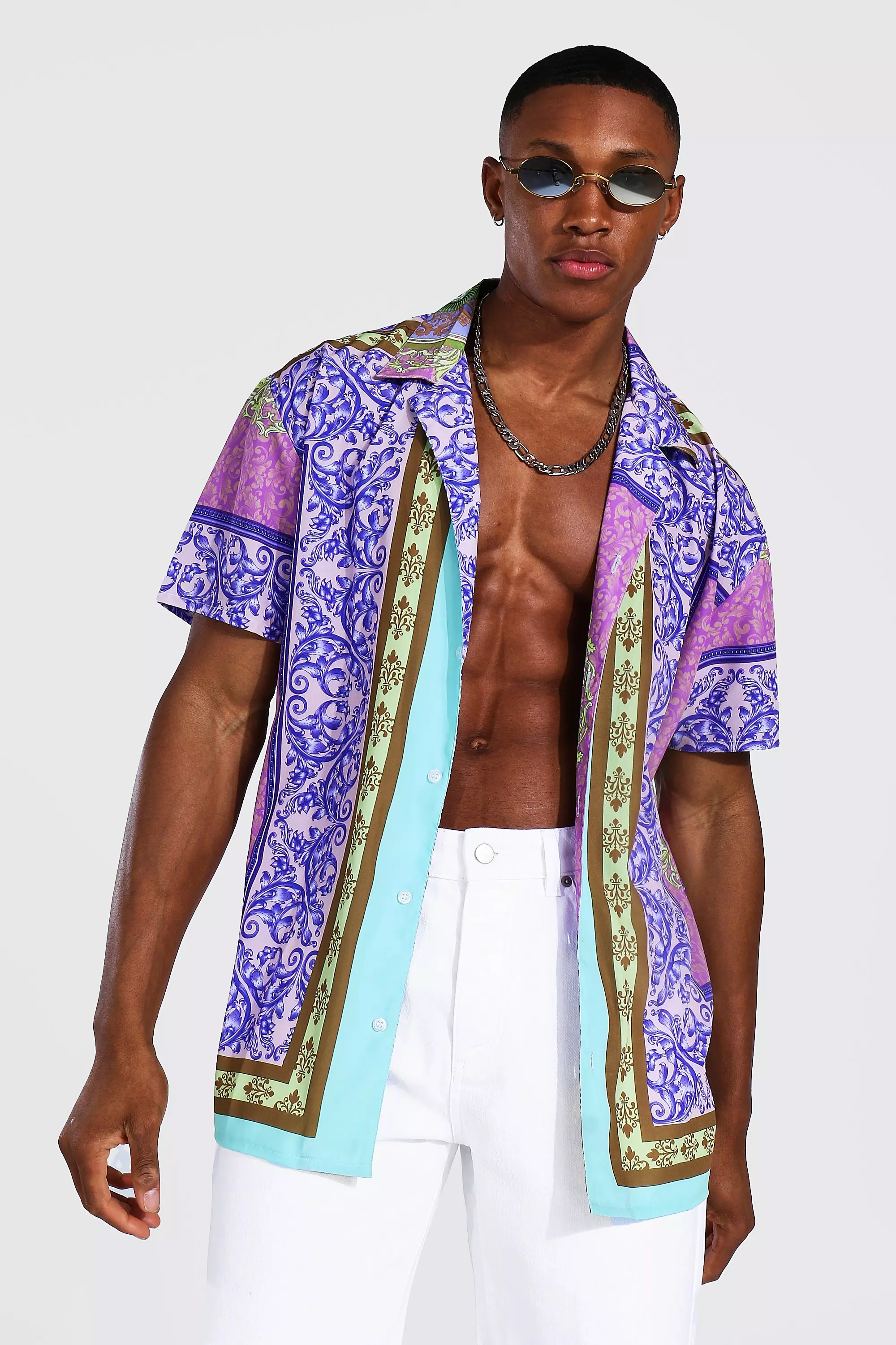 Lilac Oversized Short Sleeve Revere Baroque Border Shirt alternative image
