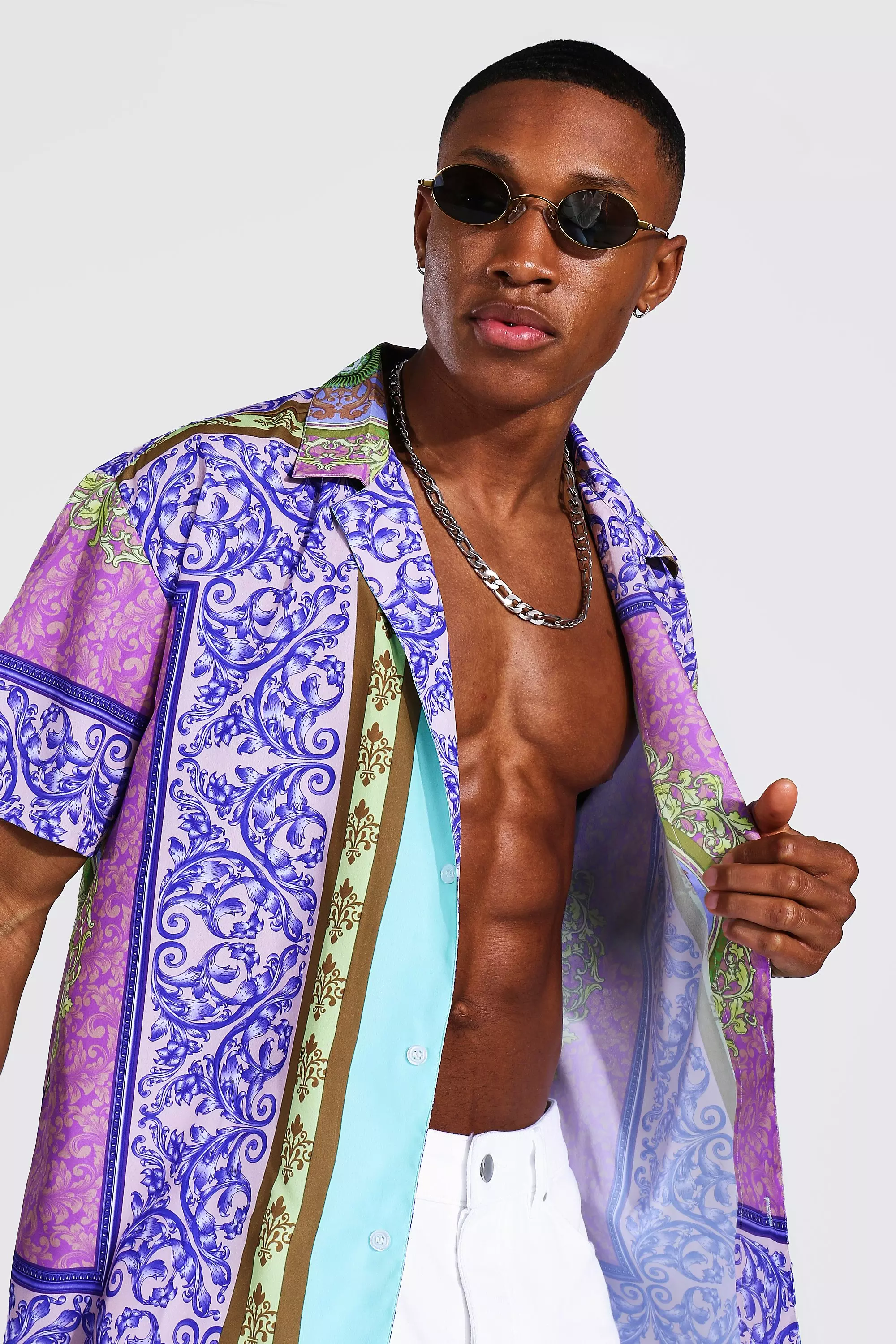 Lilac Oversized Short Sleeve Revere Baroque Border Shirt alternative image