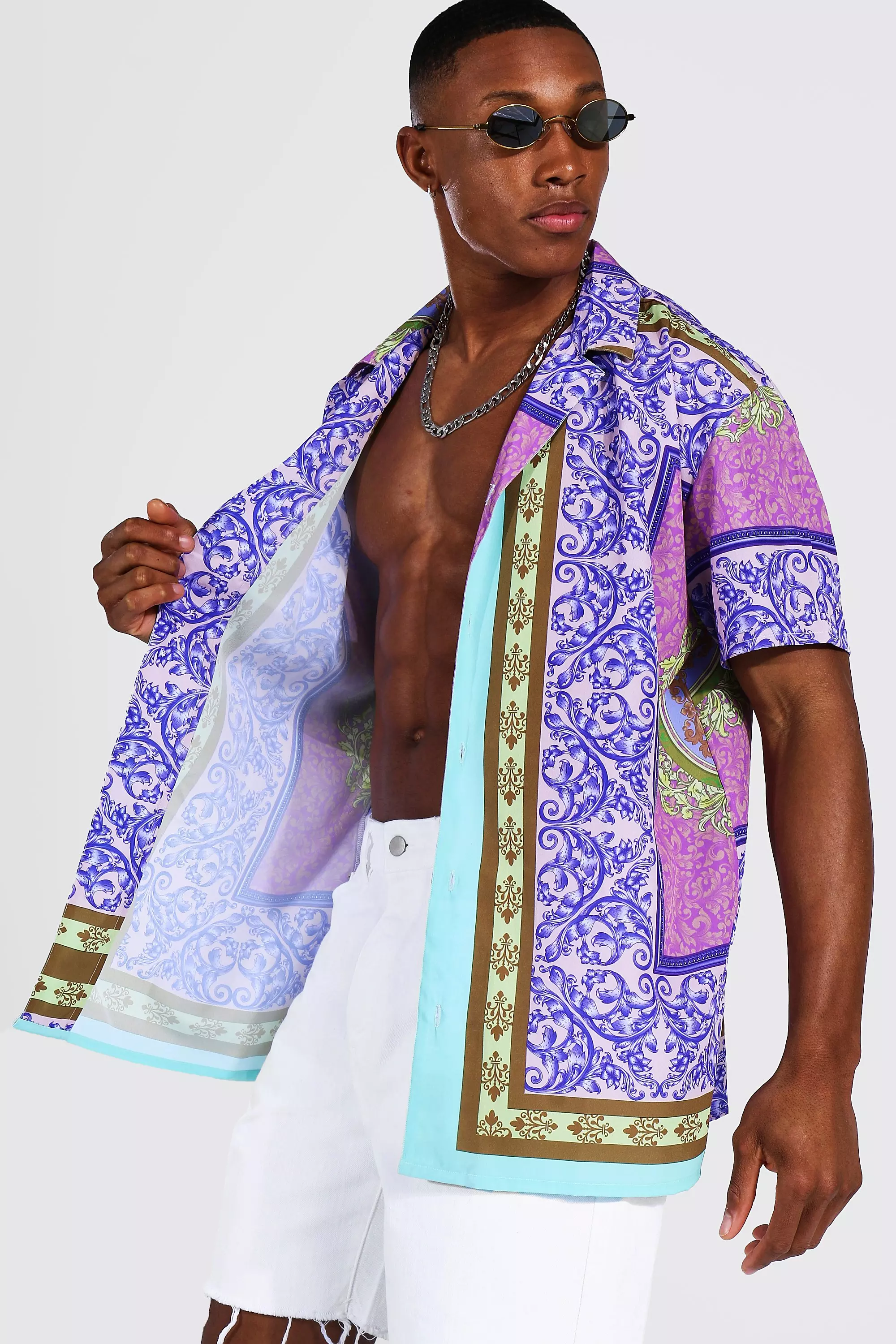 Lilac Oversized Short Sleeve Revere Baroque Border Shirt alternative image