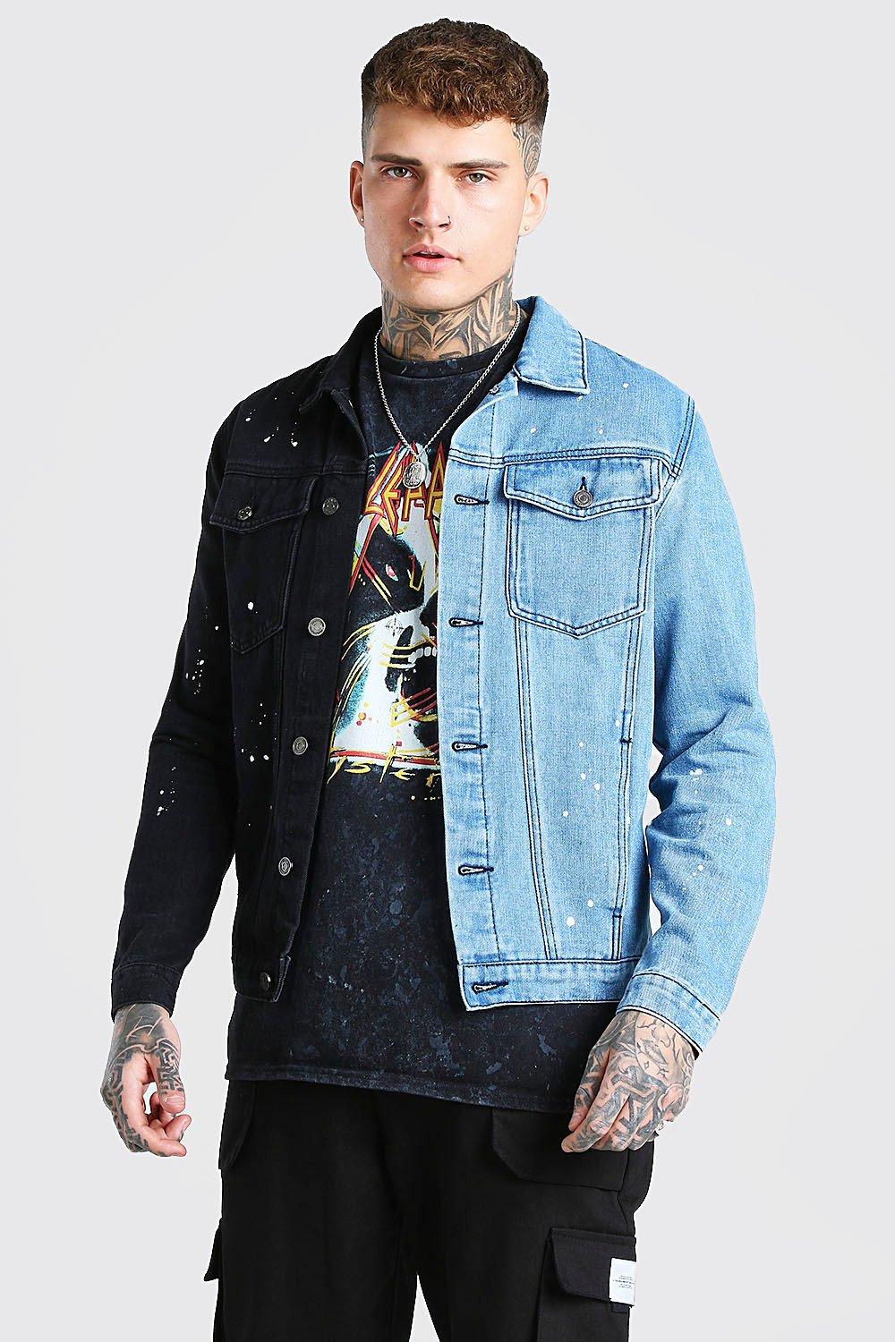 half black and half blue jean jacket