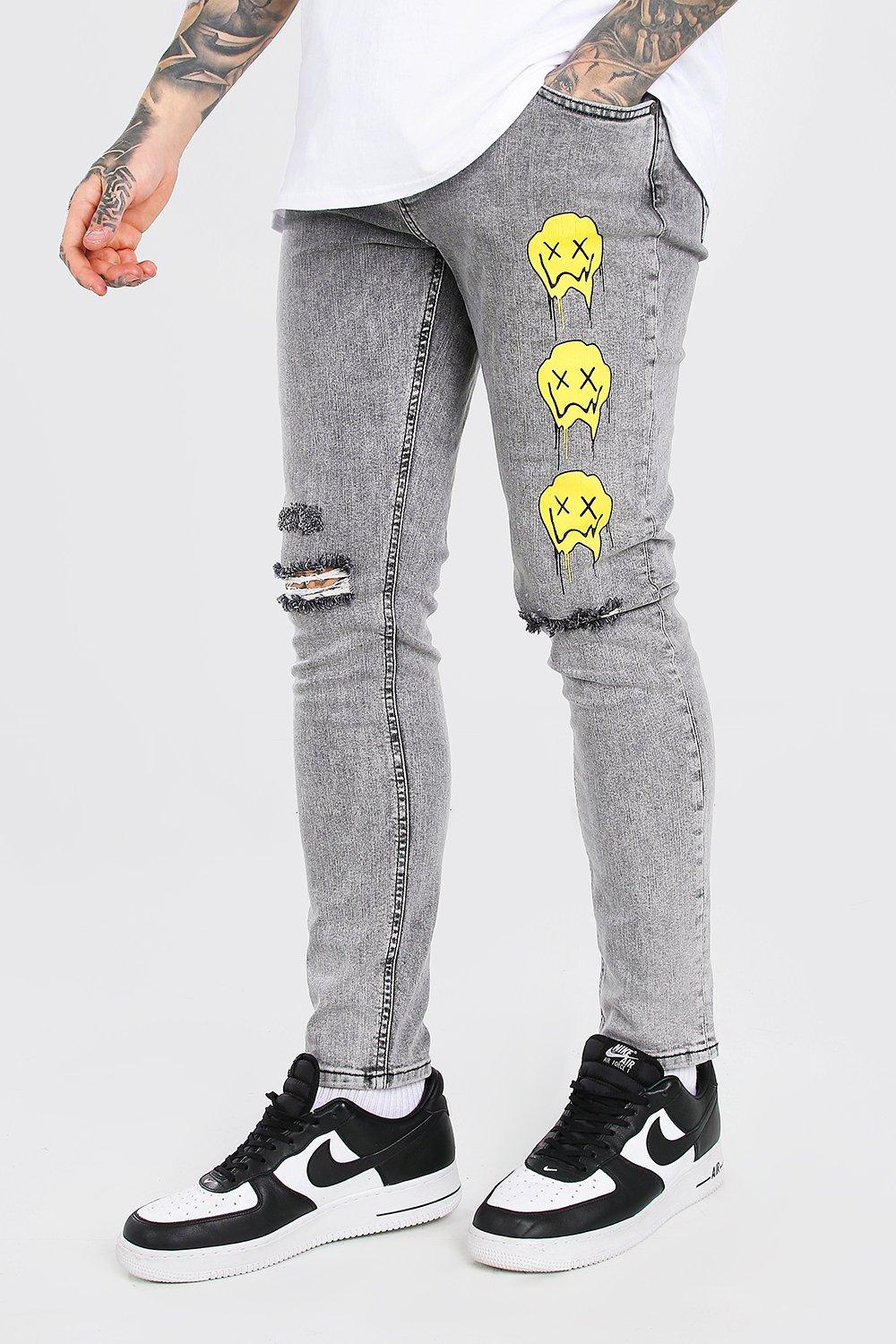 Skinny Stretch Jean With Drip Face | boohooMAN USA