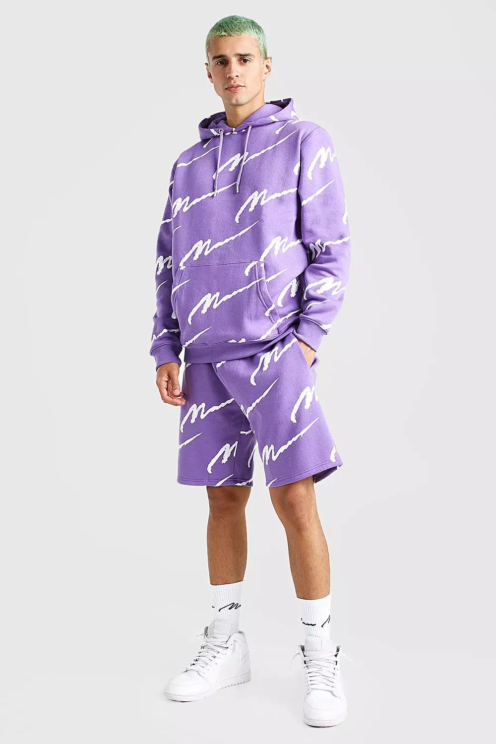 All Over MAN Printed Hooded Short Tracksuit boohooMAN UK